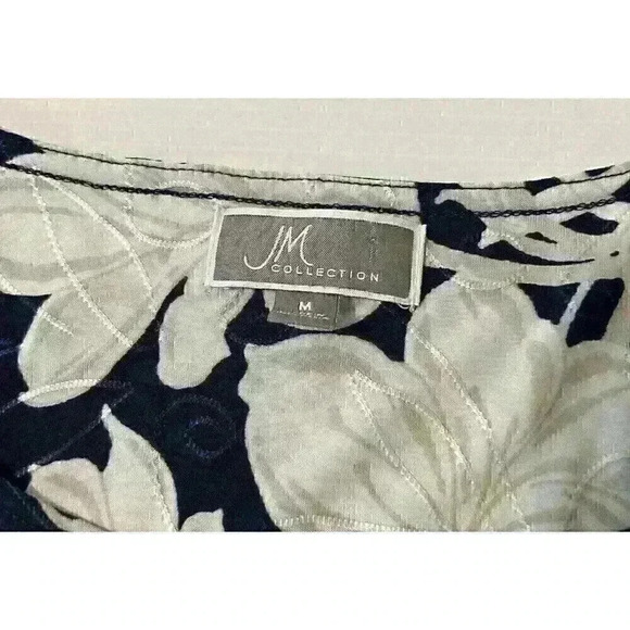JM Collection Womens Sz M Navy White Patterned Stretchy Floral Short Sleeve Top - Picture 6 of 12
